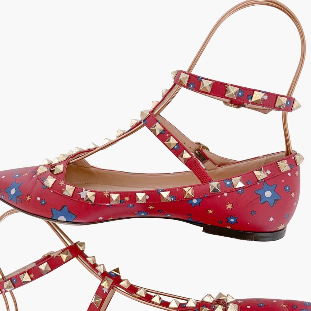 Valentino Garavani Rockstud Caged Flats EU 37.5 US 7.5 Red Stars Studded Ballet - Picture 15 of 16